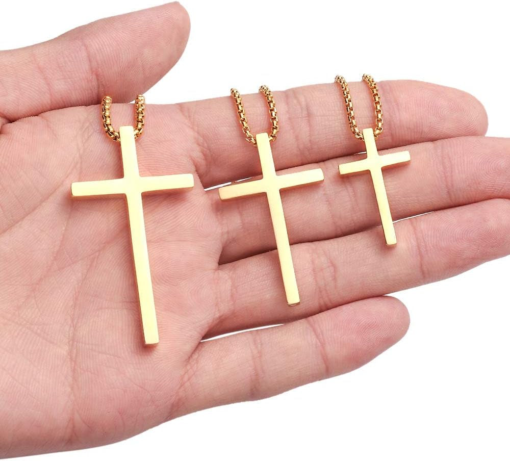 Easter Basket Stuffers - Cross Necklace for Men Teen Boys, Silver Black Gold Stainless Steel Plain Cross Pendant Necklace Box Chain 16-30 Inch